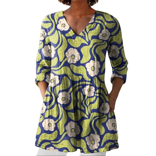 Bluse Damen Elegant V-Ausschnitt 3/4 Ärmel Tunika Langshirt Kurz Blusenkleid Blumenmuster Damenblusen Hemdbluse Top Oberteile Blusen Longshirt Tagesangebote Heute von Angxiwan