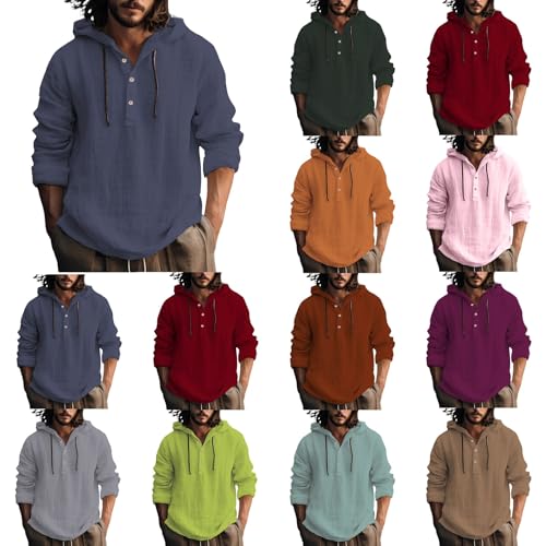 Angxiwan Funktionsshirt Herren Langarm Leinenhemd Hoodie Herren Leinenhemd Langarmshirt Sweatshirt Pullover Atmungsaktiv Kapuzenpillover Baumwolle Bequem Fit Freizeithemden Hoodie Mit ReißVerschluss von Angxiwan