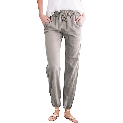 Leinenhose Damen Lang Sommer Freizeithose Atmungsaktiv Jogginghose Bequem Arbeitshose Mode Sommorhose Lässig Laufhose Weichem Sonnenschutzhose von Angxiwan