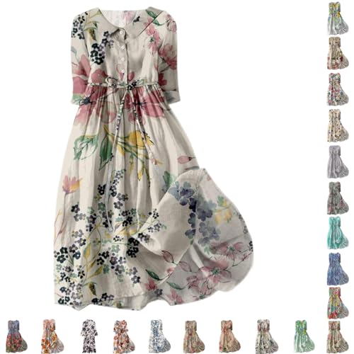 Angxiwan Must Haves Clean Girl Kleidung Damen Freizeitkleid Blumen Drucken Lässig Hemdkleid Swing Knielang Vintage Tunika Kleid Kurzarm Mini Dress Teenager Baumwolle Leinenkleid Blumenkleid von Angxiwan