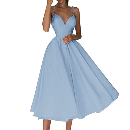 Angxiwan Must Haves Frauen Beauty Damen Ballkleider Elegant Elastische Ballkleider Einfarbig Cocktailkleid Spaghettiträger Neckholder Abschlusskleid Ärmellos Hohe Taille Baumwolle Vintage Wi von Angxiwan