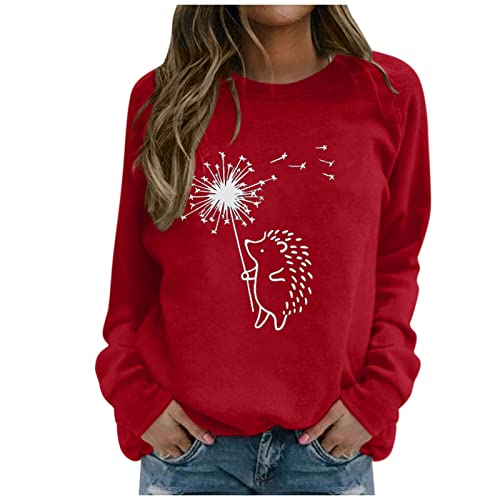 Angxiwan Oberteile Damen Igel-Druck Langarm-Kapuzen-Sweatshirt Lässige Mode-Bluse Pullover Pullover Mit Bauchtasche (Red, XXL) von Angxiwan