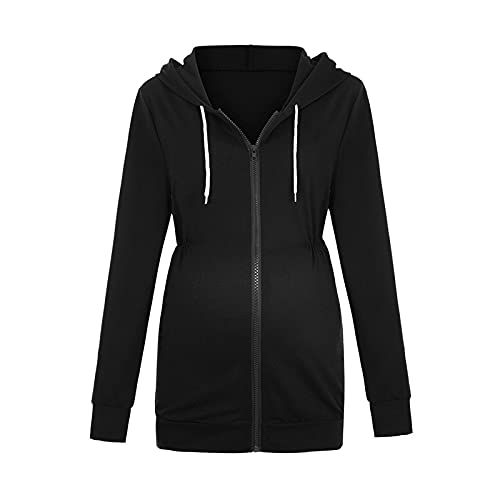 Angxiwan Oberteile Damen Schwangerschaft lässige Sweatshirts Mutterschaft up Reißverschluss Frauen mit Taschen Kapuziner-Ärmellänge Lange Mutterschafts-Bluse Westernhemd Damen Schwarz (Black, XXL) von Angxiwan