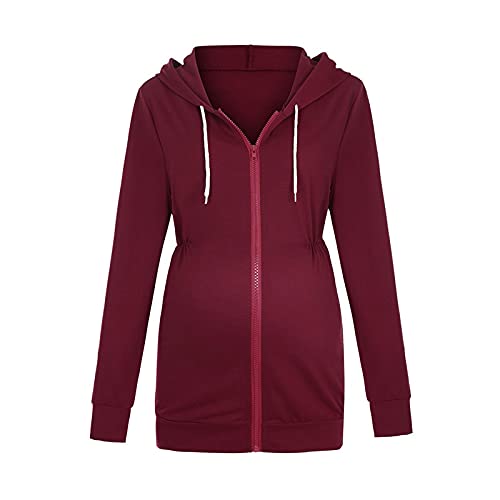 Angxiwan Oberteile Damen Schwangerschaft lässige Sweatshirts Mutterschaft up Reißverschluss Frauen mit Taschen Kapuziner-Ärmellänge Lange Mutterschafts-Bluse Westernhemd Damen Schwarz (Wine, XL) von Angxiwan