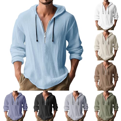 Angxiwan Poloshirt Herren Langarm Leinenhemd Hoodie Herren Kapuzenjacke Leinenhemd Baumwolle Kapuzenpillover Einfarbiger Langarm Shirt Bequem Fit Kapuzenshirt Outdoorjacke Wasserdicht Atmungsaktiv von Angxiwan
