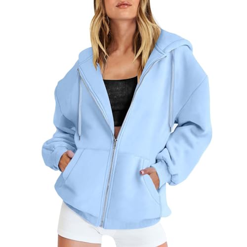 Angxiwan Sommer Sale Damen Kapuzenpullover Sweatjacke 2024 Lang Sweatshirt Kapuzenjacke Fitness Training Sweatshirt mit Taschen Oversize Pullover Mit Kapuze Kapuzenpulli von Angxiwan