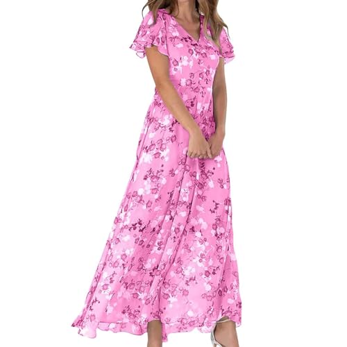 Angxiwan Sommerkleid Damen Boho Blumenmuster Sommerkleid Mode Bodenlang Strand Kleid Slouch Strandkleid Bunt Boho Kleid Artistic Hemdkleid Plus Siz Blusenkleid Basic Pin-Up Tunika von Angxiwan