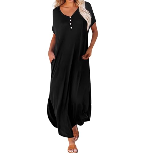 Angxiwan Sommerkleid Damen Elegant Bohemien Sommerkleid Atmungsaktiv Bodenlang Strand Kleid Slouch Maxikleid Bunt Boho Kleid Lang Regular Hemdkleid Urlaub Kleider Casual Tunikakleider von Angxiwan