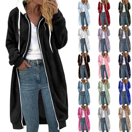 Angxiwan damen jacke Fleecejacke Lang Winterjacke Teddy Jacke Winter GefüTtert Teddyjacke mit Kapuze Warm Sherpa Jacken for Women Langarm Plüschjacke Kuscheljacke mantel von Angxiwan