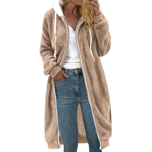 Angxiwan fleecejacke damen Fleecejacke Lang Winterjacke Teddy Jacke Winter GefüTtert Teddyjacke mit Kapuze Warm Sherpa Jacken for Women Langarm Plüschjacke Kuscheljacke wintermantel damen von Angxiwan