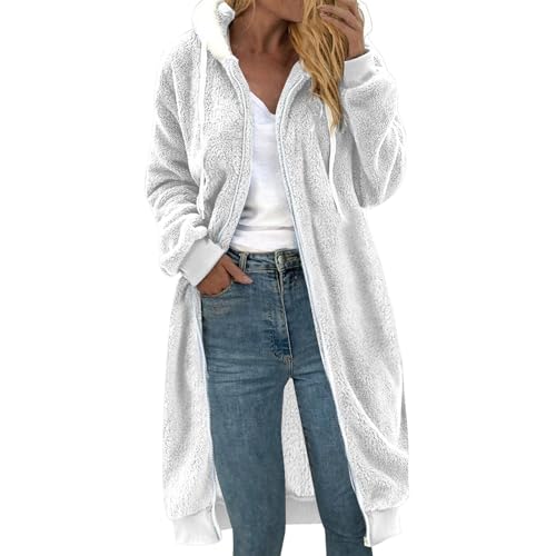 Angxiwan übergangsjacke damen herbst Fleecejacke Lang Winterjacke Teddy Jacke Winter GefüTtert Teddyjacke mit Kapuze Warm Sherpa Jacken for Women Langarm Plüschjacke Kuscheljacke wintermantel damen von Angxiwan