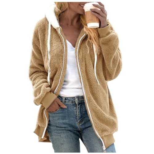 Angxiwan windjacke Fleecejacke Winterjacke Teddyjacke Hoodie Winter Teddy Fleece Jacke Warm Herbst Wintermantel mit Kapuze ReißVerschluss Fellmantel PlüSchjacke mäntel für damen von Angxiwan