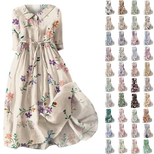Blumenkleid Damen Kurzarm Freizeitkleid mit Gürteln Kleider Reverskragen Knöpfen Langarmkleid A Linien Kleid Hemdkragen Kleid Sommerkleider Strandkleid Angebote des Tages Heute Deal von Angxiwan