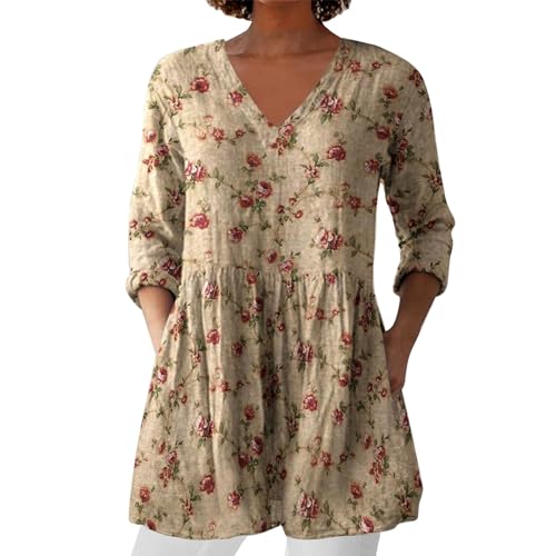 Bluse Damen Elegant V-Ausschnitt 3/4 Ärmel Tunika Langshirt Kurz Blusenkleid Blumenmuster Damenblusen Hemdbluse Top Oberteile Blusen Longshirt Outlet Angebote of Sale von Angxiwan