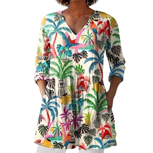Bluse Damen Elegant V-Ausschnitt 3/4 Ärmel Tunika Langshirt Kurz Blusenkleid Blumenmuster Damenblusen Hemdbluse Top Oberteile Blusen Longshirt Tagesangebote Heute von Angxiwan