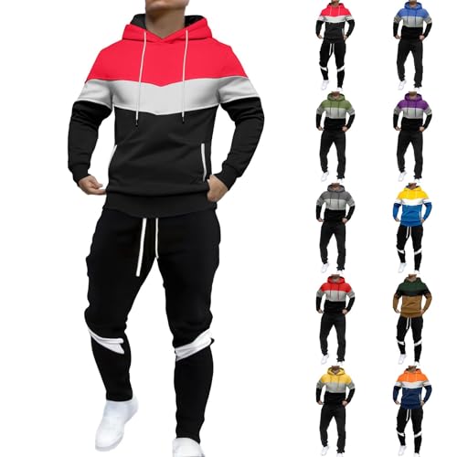 Jogginganzug Jogginganzug Herren Trainingsanzug Herren Farbblock Atmungsaktiv Gym Freizeitanzug Kordelzug​ Y3K Baumwolle Warme Sportanzug Kapuze Bequem Luftige Fit​ Tracksuit Trainingsanzug Baumwolle von Angxiwan