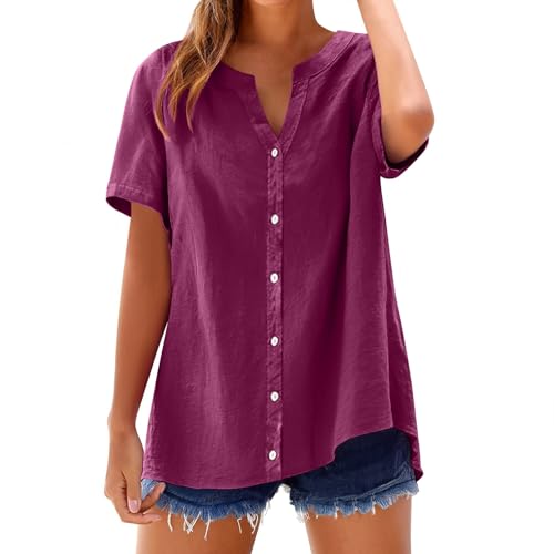 Leinenbluse Damen Sommer Kurzarm mit Knöpfen Tshirt V Ausschnitt Leinenhemd Elegant Damenblusen Bequem Hemdbluse Basic T-Shirts Casual Top Uni Farbe Bluse Sale Damen von Angxiwan