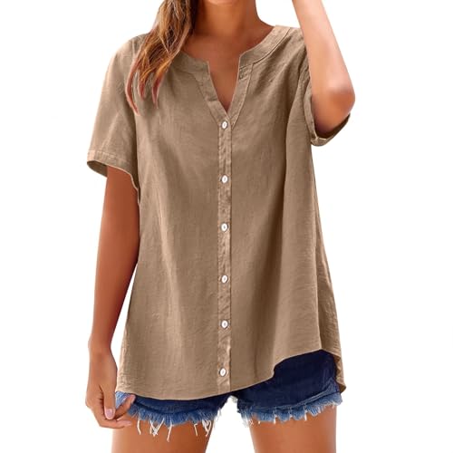 Leinenbluse Damen Sommer Kurzarm mit Knöpfen Tshirt V Ausschnitt Leinenhemd Elegant Damenblusen Bequem Hemdbluse Basic T-Shirts Casual Top Uni Farbe Bluse gratis Artikel 0 Euro von Angxiwan