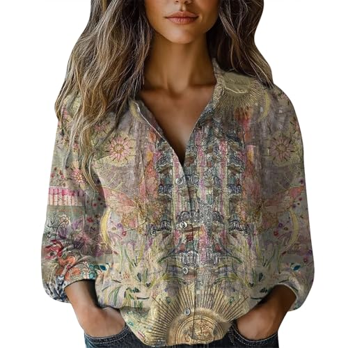 Musselin Bluse Damen Kurz V-Ausschnitt Blusen 3/4 Ärmel Tunika Langshirt Elegant Longbluse Bequemes Oberteile mit Bedruckt Top Vielseitig T-Shirt Casual Damenblusen Langarm Hemdbluse von Angxiwan