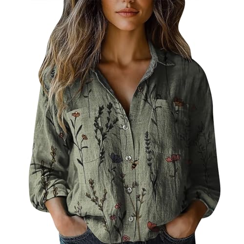 Musselin Bluse Damen Kurz V-Ausschnitt Blusen 3/4 Ärmel Tunika Langshirt Elegant Longbluse Bequemes Oberteile mit Bedruckt Top Vielseitig T-Shirt Casual Damenblusen Langarm Hemdbluse von Angxiwan