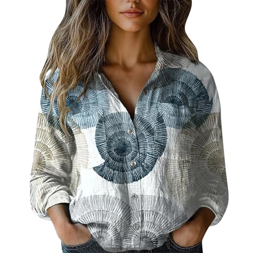 Musselin Bluse Damen Kurz V-Ausschnitt Blusen 3/4 Ärmel Tunika Langshirt Elegant Longbluse Bequemes Oberteile mit Bedruckt Top Vielseitig T-Shirt Casual Damenblusen Langarm Hemdbluse von Angxiwan