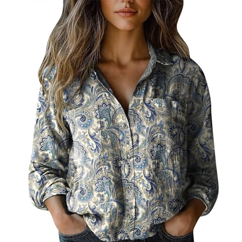Musselin Bluse Damen Kurz V-Ausschnitt Blusen 3/4 Ärmel Tunika Langshirt Elegant Longbluse Bequemes Oberteile mit Bedruckt Top Vielseitig T-Shirt Casual Damenblusen Langarm Hemdbluse von Angxiwan