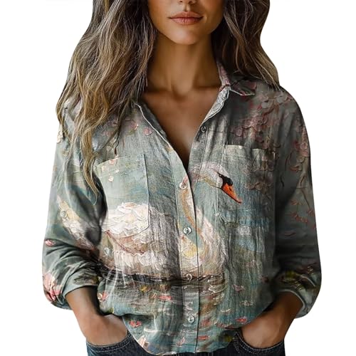 Musselin Bluse Damen Kurz V-Ausschnitt Blusen 3/4 Ärmel Tunika Langshirt Elegant Longbluse Bequemes Oberteile mit Bedruckt Top Vielseitig T-Shirt Casual Damenblusen Langarm Hemdbluse von Angxiwan