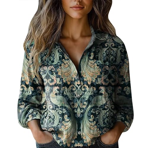 Musselin Bluse Damen Kurz V-Ausschnitt Blusen 3/4 Ärmel Tunika Langshirt Elegant Longbluse Bequemes Oberteile mit Bedruckt Top Vielseitig T-Shirt Casual Damenblusen Langarm Hemdbluse von Angxiwan