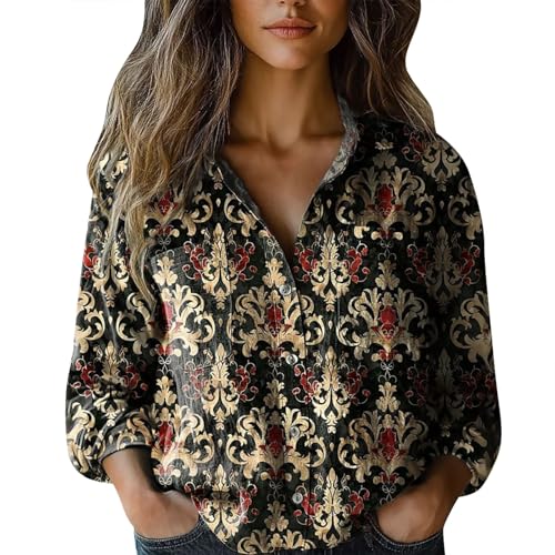 Musselin Bluse Damen Kurz V-Ausschnitt Blusen 3/4 Ärmel Tunika Langshirt Elegant Longbluse Bequemes Oberteile mit Bedruckt Top Vielseitig T-Shirt Casual Damenblusen Langarm Hemdbluse von Angxiwan