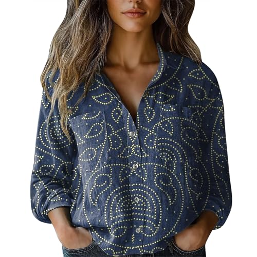 Musselin Bluse Damen Kurz V-Ausschnitt Blusen 3/4 Ärmel Tunika Langshirt Elegant Longbluse Bequemes Oberteile mit Bedruckt Top Vielseitig T-Shirt Casual Damenblusen Langarm Hemdbluse von Angxiwan