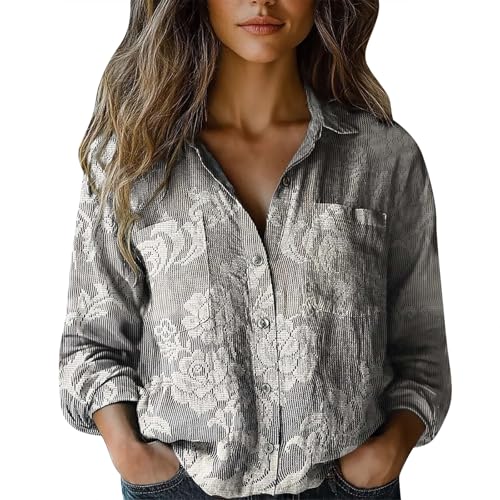 Musselin Bluse Damen Kurz V-Ausschnitt Blusen 3/4 Ärmel Tunika Langshirt Elegant Longbluse Bequemes Oberteile mit Bedruckt Top Vielseitig T-Shirt Casual Damenblusen Langarm Hemdbluse von Angxiwan