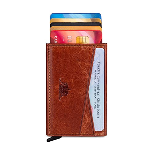 Ani Yuzuk Automatischer Pop-up-Kartenhalter aus Vintage-Crazy-Leder mit Münzfach tan von Anı Yüzük