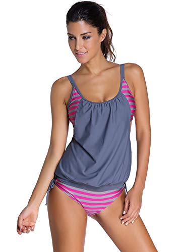 Damen Push Up Tankini Set Streifen Zweiteilig Swimwear Beachwear Sportlich Bademode Bikini Top mit Slip Schwimmanzug Große Größen Strandmode für Frauen Grau Rosa von AniKigu
