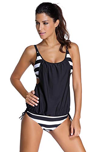 AniKigu Damen Push Up Tankini Set Streifen Zweiteilig Swimwear Beachwear Sportlich Bademode Bikini Top mit Slip Schwimmanzug Große Größen Strandmode für Frauen Schwarz von AniKigu