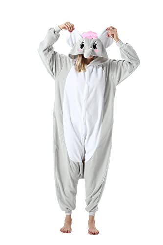 AniKigu Erwachsene Jumpsuit Unisex Tier Schlafanzug Onesies Pyjama Halloween Kostüme Cospaly Nachtwäsche Grauer Elefant von AniKigu