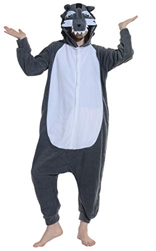 AniKigu Pyjama Tier Onesies Grau Wolf Erwachsene Kigurumi Unisex Cospaly Nachtwäsche für Hohe 140-187CM von AniKigu