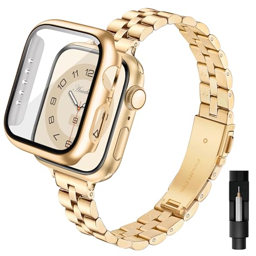 Aniaboho Kompatibel mit Apple Watch 10 Armband 42mm mit Schutzhülle, Ersatz Edelstahl Metall iWatch Armband Damen mit Hülle für Apple Watch Series 10 42mm, Schmuck für Fraue (Gold) von Aniaboho