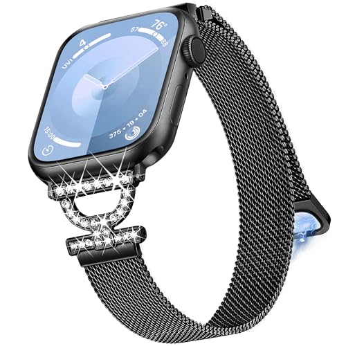 Aniaboho Kompatibel mit Apple Watch-Armbändern für Damen und Herren, 44 mm, 45 mm, 49 mm, 42 mm, Edelstahl, Milanaise-Diamanten, D-förmige iWatch-Armbänder für Apple Watch Ultra 2, 1, SE, Serie 9, 8, von Aniaboho