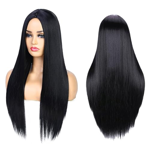 Halloween Perücke Damen, Perücke Schwarz Lang, Echthaar Perücke Damen, Cosplay Perücken Glatt Schwarze Halloween Kostüm Party Black Wig (Schwarz) von Aniepaa
