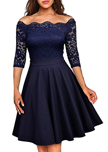 50s Rockabilly Retro Damen Kleider Halbarme Swing Cocktailkleider Party Abschlussball Elegant Abendkleid Knielang Spitzen Kleid, Navy Blau von AniKigu