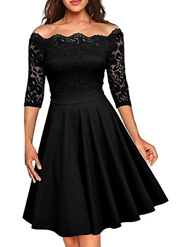 50s Rockabilly Retro Damen Kleider Halbarme Swing Cocktailkleider Party Abschlussball Elegant Abendkleid Knielang Spitzen Kleid, Schwarz von AniKigu