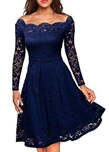 Damen Vintage 1950er Off Schulter Cocktailkleid Spitzen Schwingen Pinup Rockabilly Kleid Abendkleid Lange Ärmel Elegant, Navy Blau von AniKigu
