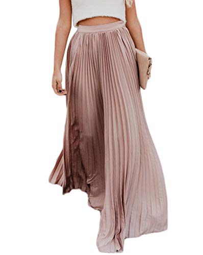 Faltenrock Damen Maxi Lang Swing Gefalteter A-Linie Plisseerock Elegant Unterrock Rock Vintage Sommer Röcke, Rosa von Anikigu