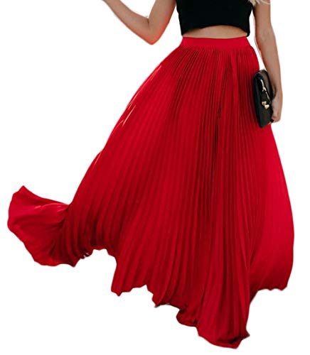 Faltenrock Damen Maxi Lang Swing Gefalteter A-Linie Plisseerock Elegant Unterrock Rock Vintage Sommer Röcke, Rot von AniKigu