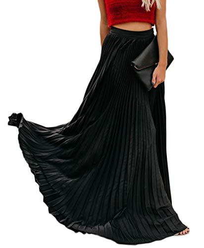 Faltenrock Damen Maxi Lang Swing Gefalteter A-Linie Plisseerock Elegant Unterrock Rock Vintage Sommer Röcke, Schwarz von AniKigu