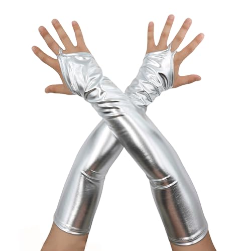 Aniler Herren und Damen Glänzende Metallic Kostüm Wet Look Handschuhe 48,3 cm Länge Fingerlose Halloween Cosplay 1980er Party Handschuhe, silber, Einheitsgröße von Aniler