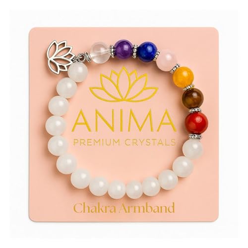 Anima Premium 7 Chakra Armband – 8mm Echte Heilsteine und Kristalle für Balance, Energie und Fülle - enthält Lotusblume und energetisierter Kraftkarte von Anima