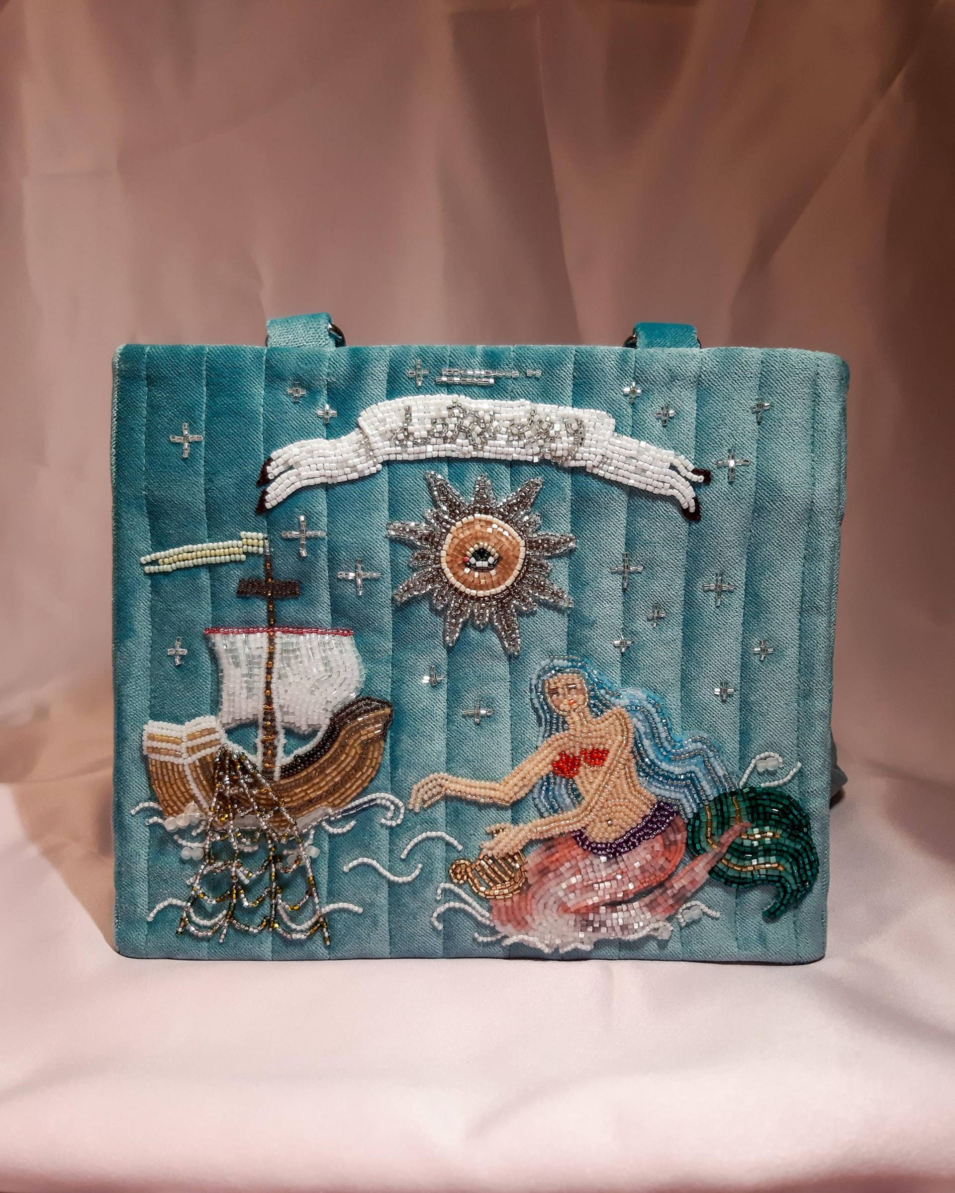 Textiltasche Mit Handgemachter Stickerei, Samttasche Gestickter Meerjungfrau, Exklusive Tasche, Märchen Hafte Umhängetasche, Perlentasche von AnimaStore