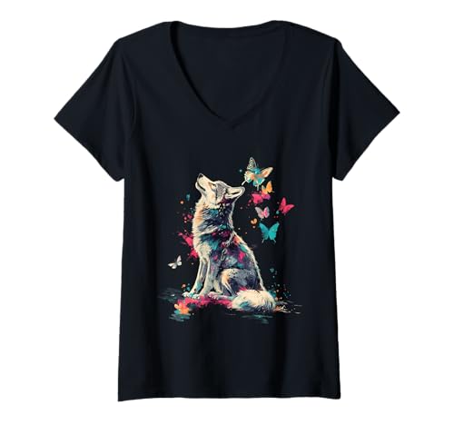 Damen Wolf Art Tier Schmetterlinge T-Shirt mit V-Ausschnitt von Animal Art Abstract