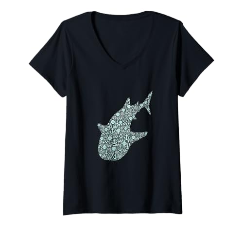 Damen Gemustertes Walhai-Silhouetten-Kunstwerk T-Shirt mit V-Ausschnitt von Animal Art